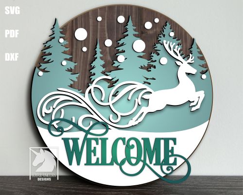 Christmas Reindeer Welcome Sign SVG, Winter Woodland Door Hanger DXF ...