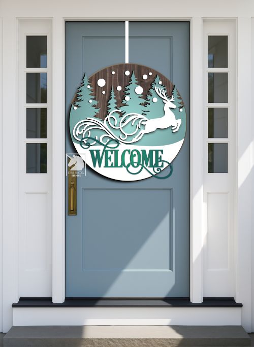 Christmas Reindeer Welcome Sign SVG, Winter Woodland Door Hanger DXF ...