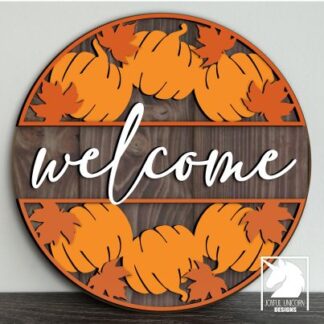 Autumn Pumpkins Welcome Sign SVG, Fall Leaves Wood Round DXF, Fall Seasonal Decor, Fall Laser Cut File, Digital Download File