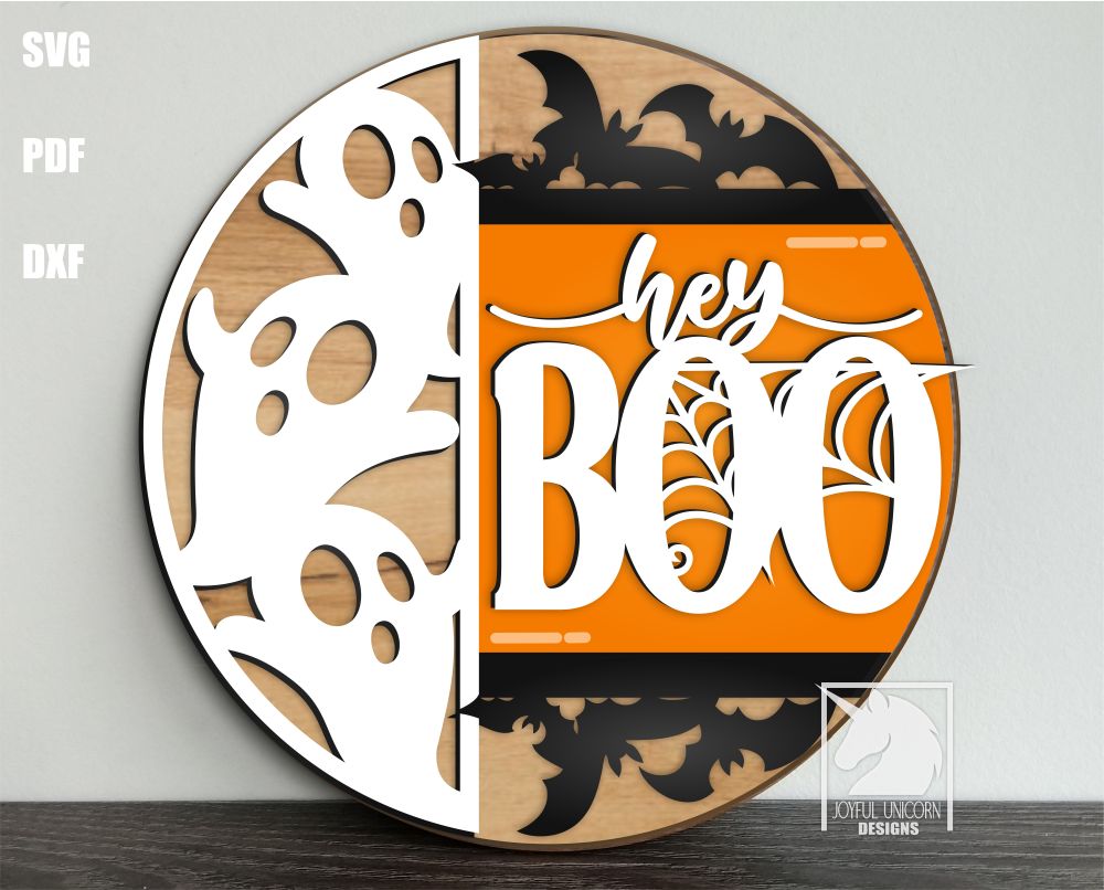 Hey Boo Halloween Sign SVG, Halloween Ghost Welcome Sign DXF, Halloween Bat Door Hanger SVG, Laser Cut File for Cricut, CNC, Glowforge