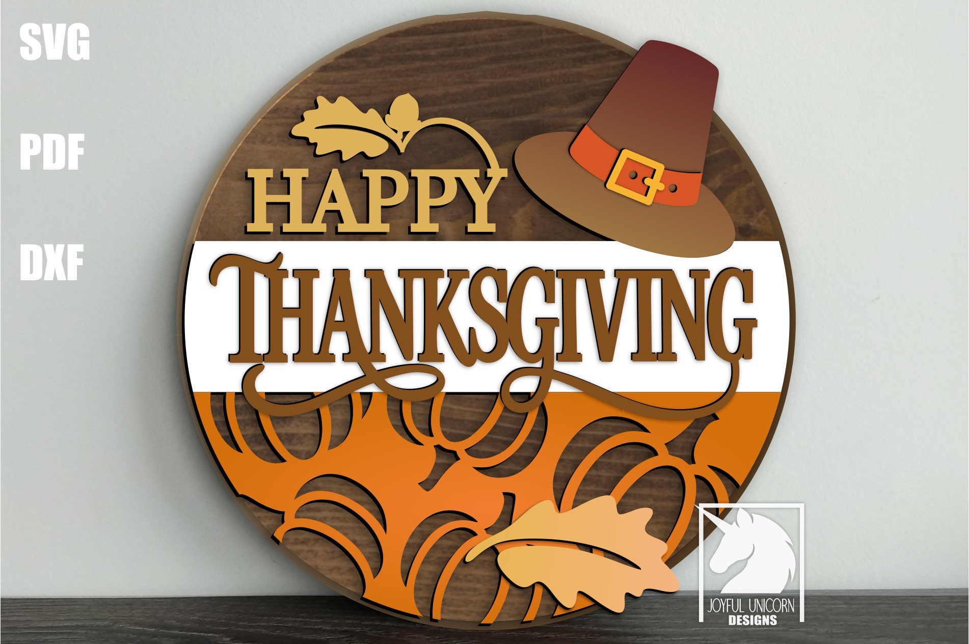 Thanksgiving Day Wood Round Sign SVG, Pumpkin Harvest Door Hanger DXF, Pilgrim Hat Front Porch Sign Decor, Glowforge, CNC, Cricut File