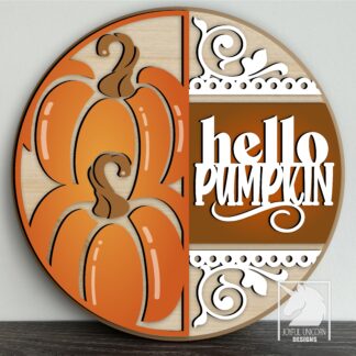 Hello Pumpkin Round Sign SVG, Fall Pumpkin Door Hanger Laser Cut File, Autumn Front Porch Sign DXF, Glowforge Cricut Xtool File