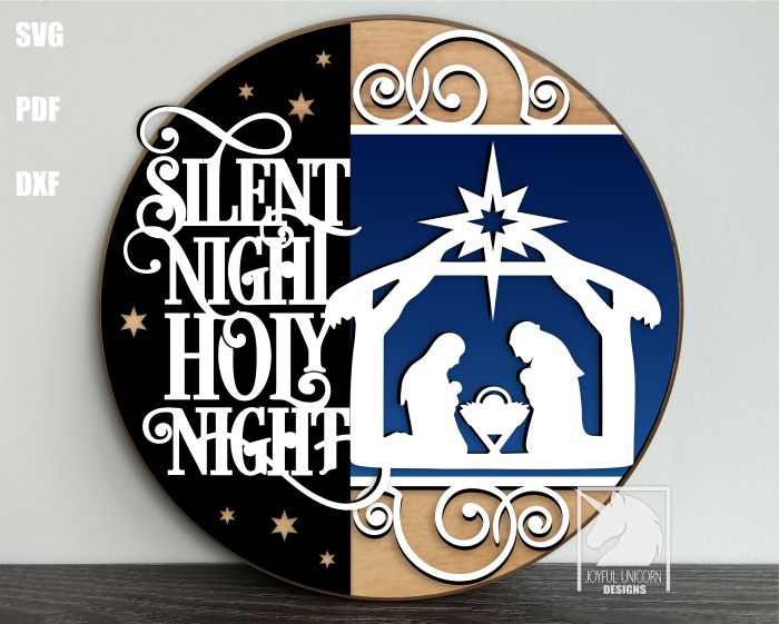 Silent Night Holy Night Door Hanger SVG, Christmas Nativity Scene SVG, Religious Laser Cut File, Digital File for Cricut, Glowforge, Xtool