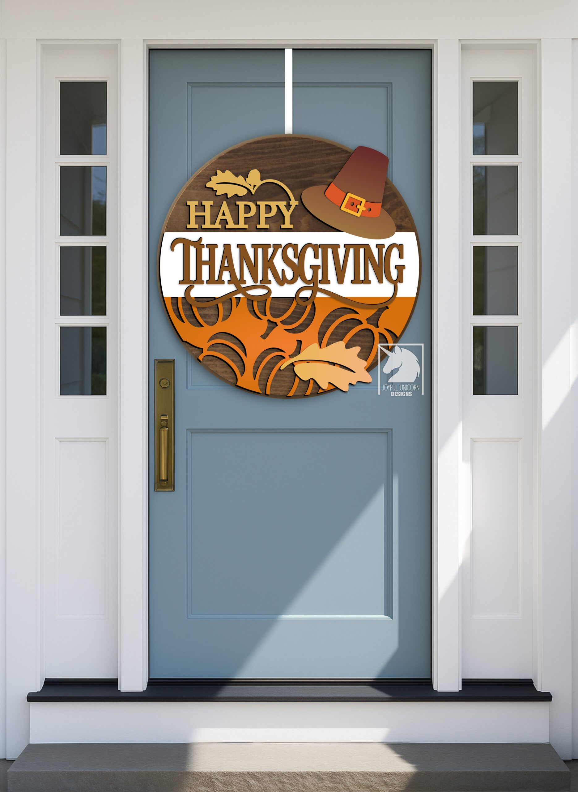 Thanksgiving Day Wood Round Sign SVG, Pumpkin Harvest Door Hanger DXF, Pilgrim Hat Front Porch Sign Decor, Glowforge, CNC, Cricut File - Image 2