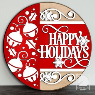 Happy Holidays Door Hanger SVG, Christmas Bells Round Wood Sign, Mistletoe Welcome Sign DXF, Winter Holiday Sign for Cricut, Glowforge, Xtool