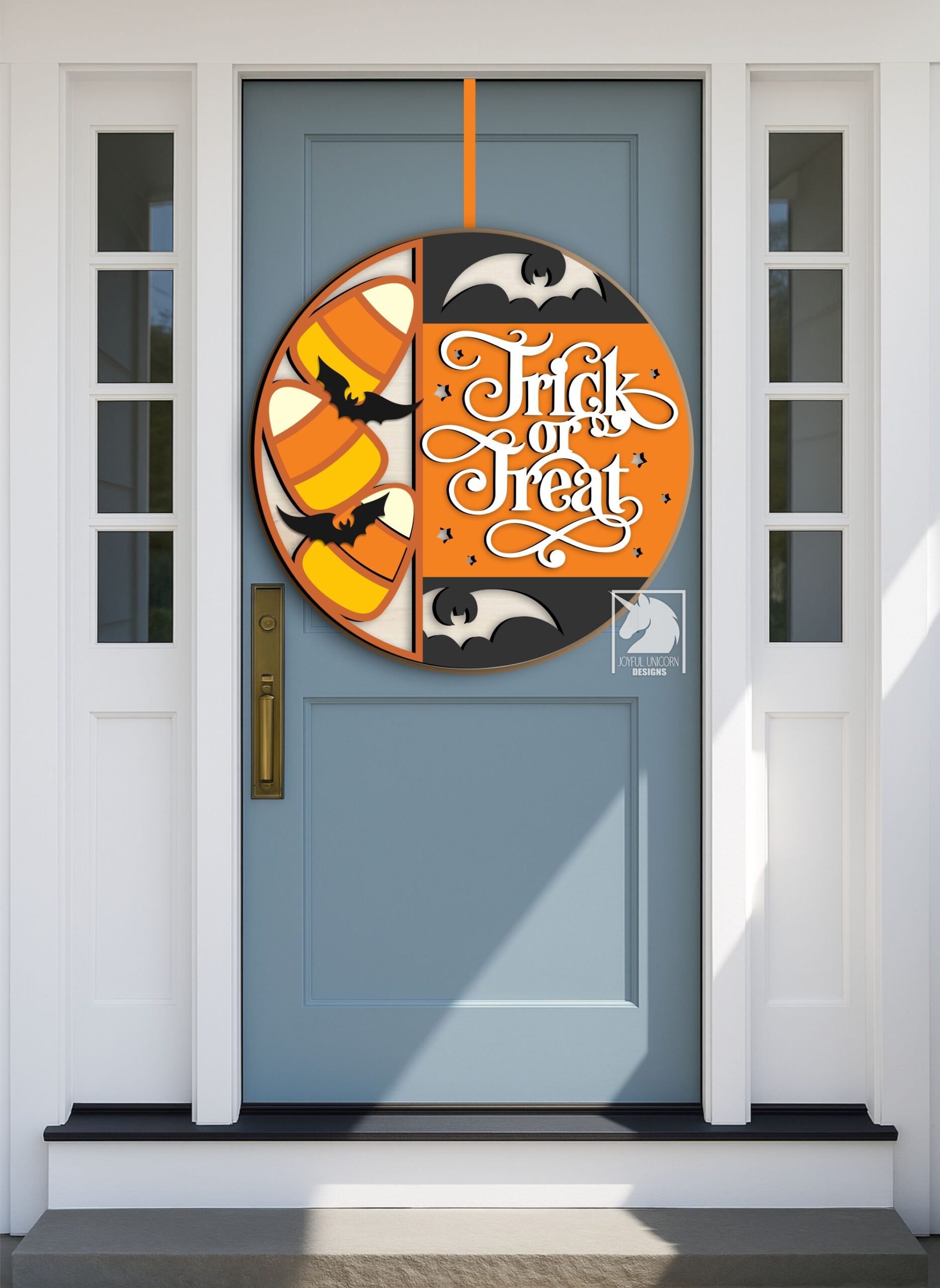 Trick or Treat Door Hanger SVG, Halloween Candy Corn Round Welcome Sign, Halloween Bat Front Porch Decor DXF, Glowforge, Cricut, CNC File - Image 2