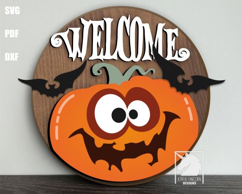 Halloween Pumpkin Welcome Sign SVG, Spooky Halloween Door Hanger DXF, Halloween Bat Front Porch Sign, Glowforge, Cricut, Xtool File