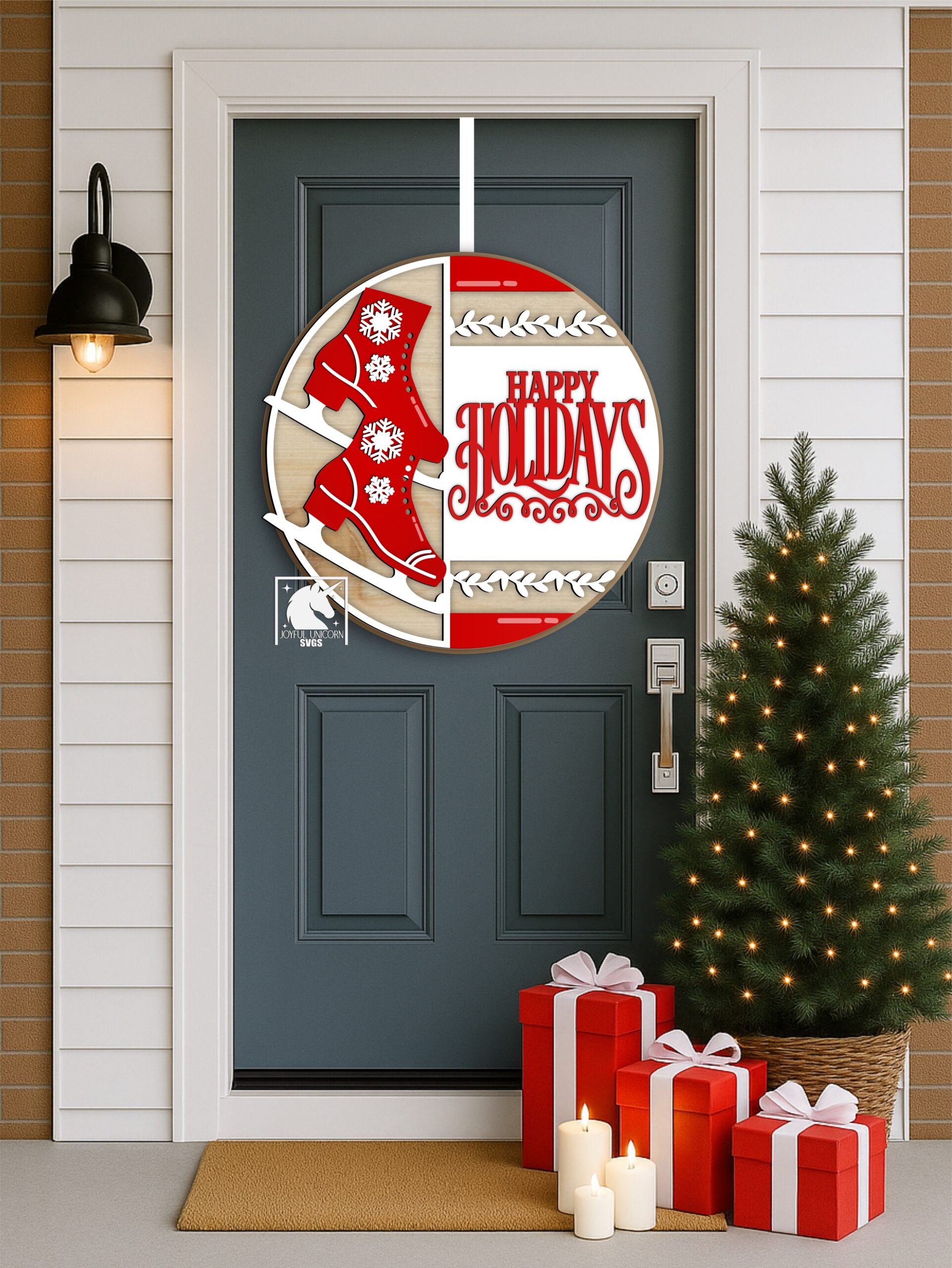 Happy Holidays Welcome Christmas Sign SVG, Christmas Ice Skates Door Hanger SVG, Winter Holiday Front Porch Sign, Glowforge, Cricut, CNC File - Image 2
