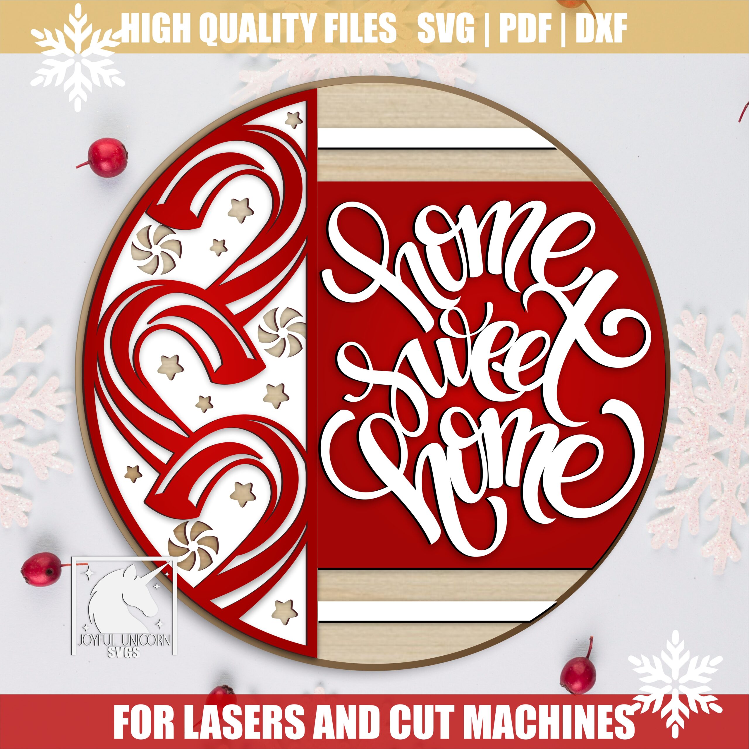 Home Sweet Home Christmas Round Sign SVG, Christmas Candy Cane Door Hanger SVG, Peppermint Candy Welcome Sign, Christmas Laser Cut File