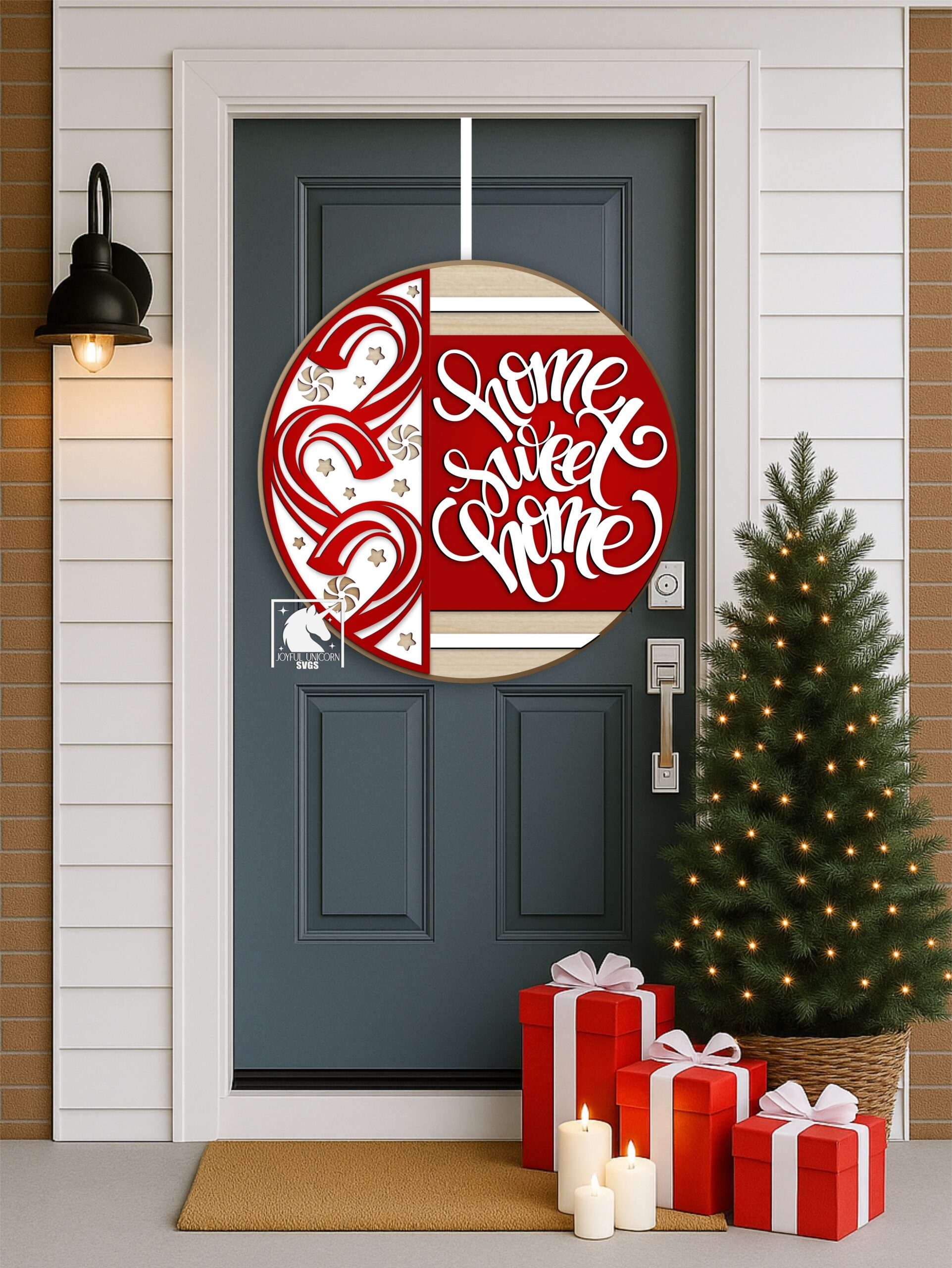 Home Sweet Home Christmas Round Sign SVG, Christmas Candy Cane Door Hanger SVG, Peppermint Candy Welcome Sign, Christmas Laser Cut File - Image 2