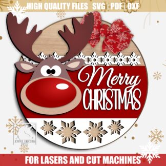 Merry Christmas Deer Door Hanger SVG, Christmas Reindeer Welcome Round Sign, Cute Red Nose Reindeer Sign SVG, Glowforge Christmas File DXF