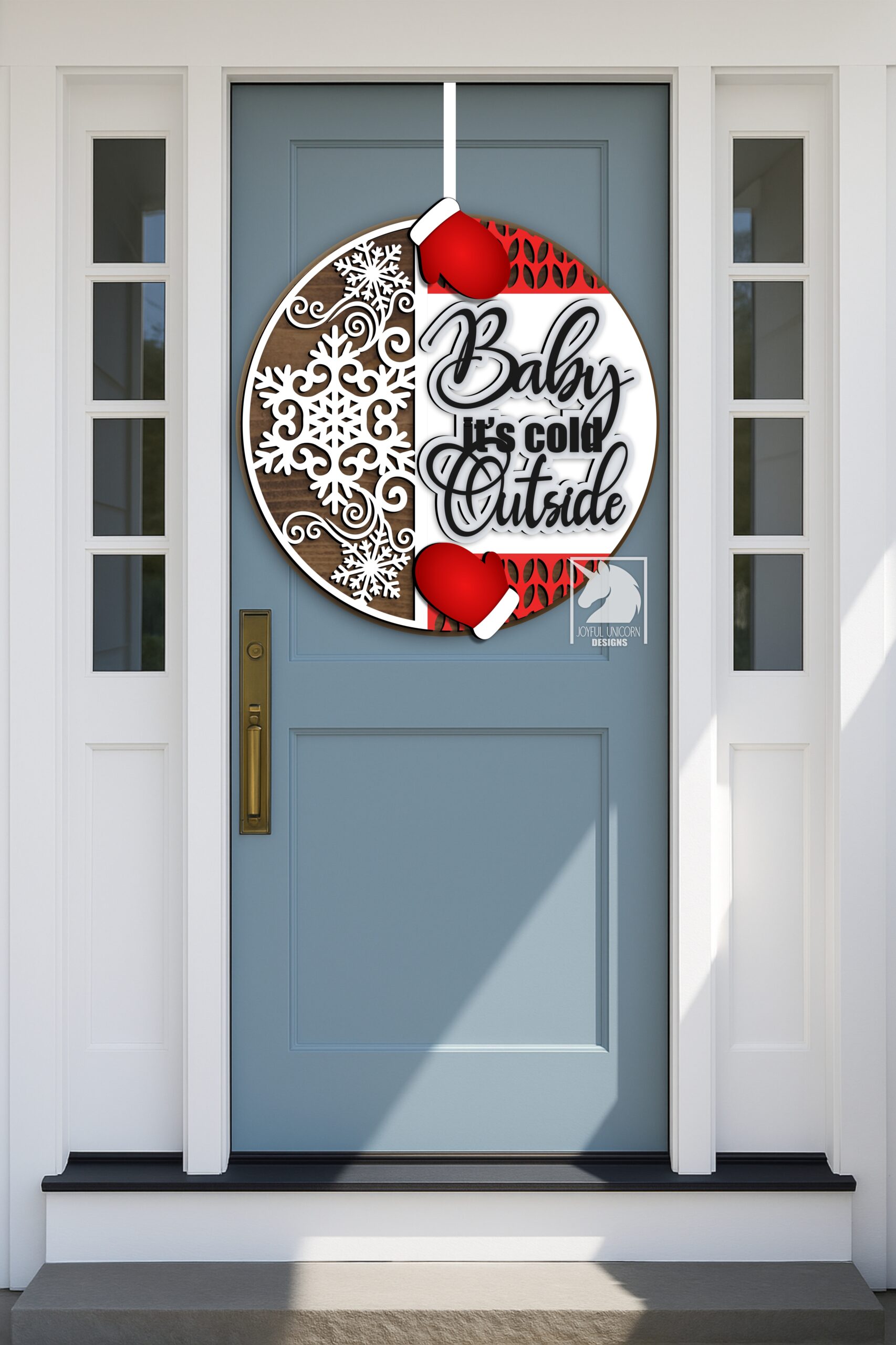 Christmas Mittens Door Hanger SVG: Snowflake Laser Cut File (Digital Download, 12" Round Design) - Image 2