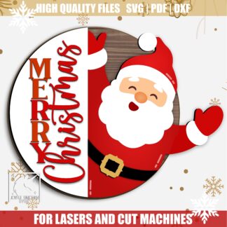 Merry Christmas Santa Round Sign SVG, Santa Claus Welcome Sign SVG, Santa Door Hanger SVG, Christmas Holiday Sign, Glowforge, Cricut File