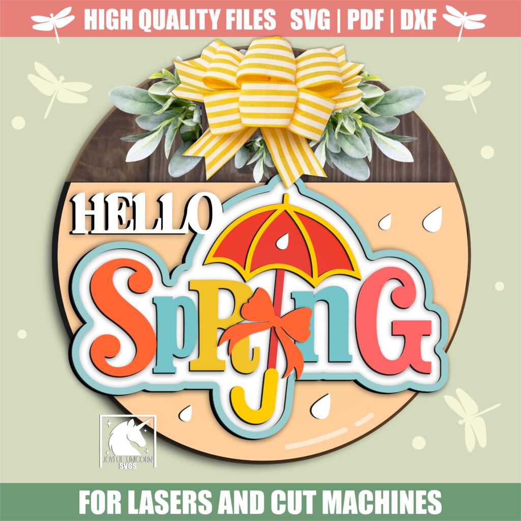 Hello Spring Welcome Sign SVG, Spring Umbrella Door Hanger SVG, Rainy ...
