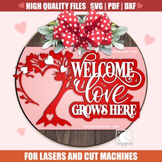 Love Grows Here Door Hanger SVG, Family Tree Welcome Sign SVG, Valentine Family Sign, Love Tree Laser Cut File, Heart Tree Decor DXF
