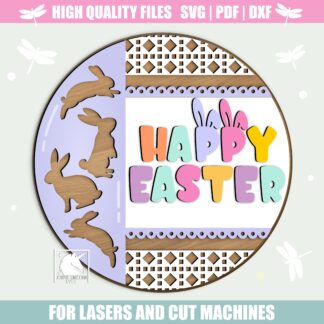 Happy Easter Door Hanger SVG, Easter Bunny Round Wooden Sign, Farmhouse Easter Welcome Sign SVG, Easter Laser Cut File, Glowforge Xtool File
