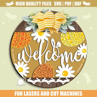 Welcome Easter Eggs Sign SVG, Easter Floral Door Hanger SVG, Easter Round Front Porch Sign SVG, Glowforge, Cricut, Xtool Ready File