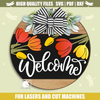 Spring Tulips Welcome Sign SVG, Spring Floral Door Hanger SVG, Spring Laser Cut File, Digital Download File for Xtool, Glowforge, Cricut