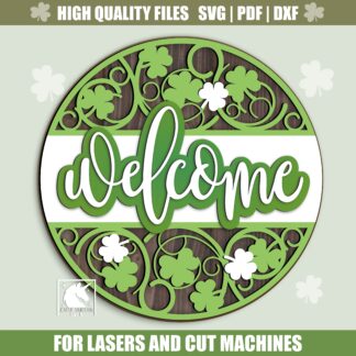 Shamrock Welcome Sign SVG, Lucky Clover Door Hanger SVG, St. Patrick's Day Round Welcome Sign, Glowforge, Cricut, CNC File, Shamrock Decor