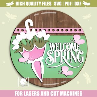 Welcome Spring Door Hanger SVG, Spring Floral Umbrella Sign, Tulip Umbrella Laser Cut File, Spring Front Porch Decor SVG, Glowforge, Xtool