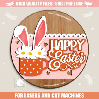 Happy Easter Door Hanger SVG, Bunny Ears Welcome Easter Sign, Easter Floral Door Sign SVG, Easter Laser Cut File for Glowforge, CNC, Cricut