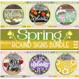 Spring Door Hangers SVG Bundle, Laser Cut Spring Round Signs, Spring Welcome Front Porch Signs SVG, Glowforge, CNC, Cricut Ready Files