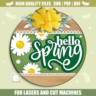 Hello Spring Round Sign SVG, Spring Daisy Floral Door Sign SVG, Spring Laser Cut Door Hanger, Daisy Flower Welcome Sign SVG, Glowforge File