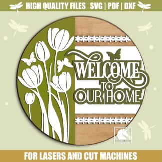 Welcome to Our Home Door Hanger SVG, Spring Tulips Welcome Sign SVG, Farmhouse Spring Round Sign SVG, Spring Wooden Front Door Decor