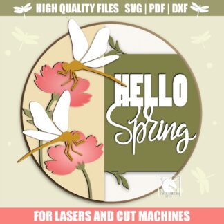 Dragonfly Spring Sign SVG, Hello Spring Floral Round Sign, Spring Flower Door Hanger SVG, Dragonfly Welcome Sign, Glowforge, Xtool, Cricut