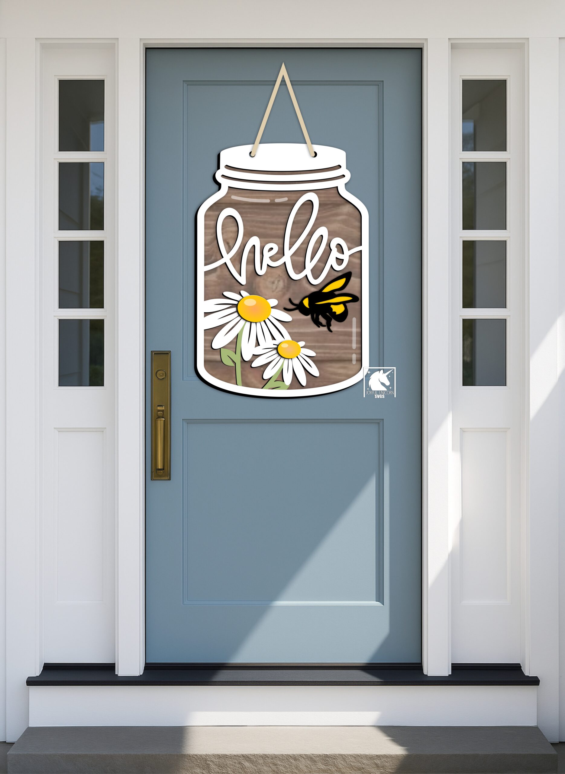 Hello Daisy Mason Jar Sign SVG, Spring Bee Door Hanger SVG, Summer Floral Mason Jar, Summer Porch Decor, Laser Cut Summer Sign - Image 2