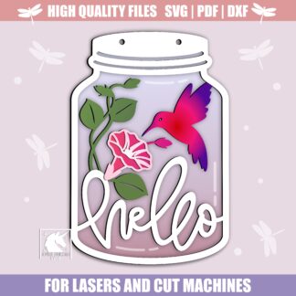 Hummingbird Welcome Mason Jar Sign, Colibri Bird Summer Sign SVG, Hummingbird with Flowers Door Hanger, Glowforge Laser File, CNC Cut File