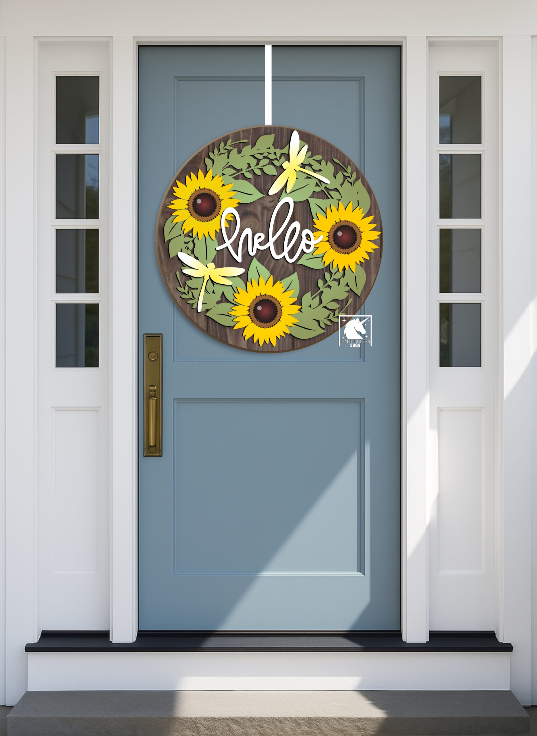 Summer Wreath Hello Sign SVG, Sunflower Wreath with Dragonfly SVG, Round Door Hanger, Floral Porch Decor, Laser Cut File for Glowforge, CNC - Image 2