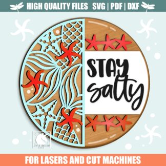 Stay Salty Mermaid Tail Sign, Digital Download, Round Door Hanger SVG, Glowforge Laser file, Cricut, Beach House Welcome sign, Starfish SVG