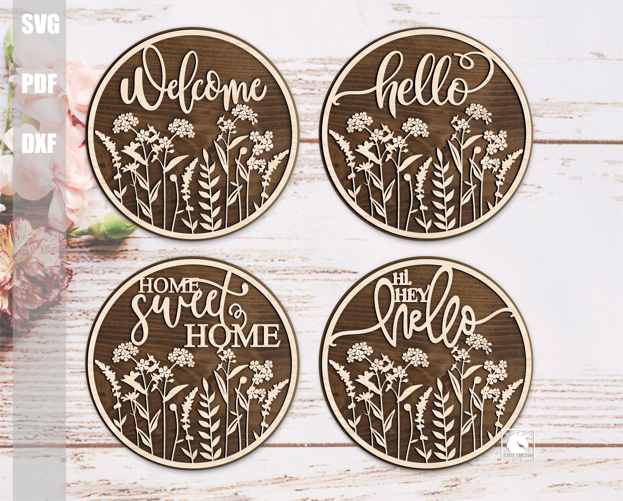 Wildflower Welcome Sign Bundle SVG, Floral Door Hanger, Flower Round Sign, Digital Download, Glowforge Laser File, Cricut File