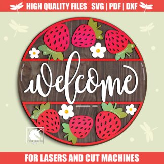 Strawberry Welcome Laser Cut Door Hanger, Spring, Summer Welcome Sign SVG, Summer Porch Decor, Layered DIY Laser File, Digital Download