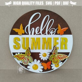 Hello Summer 3D Door Hanger SVG, 3D Butterfly SVG Laser Cut Sign, Digital Download, Summer Welcome Porch Decor, Glowforge, CNC Cut File