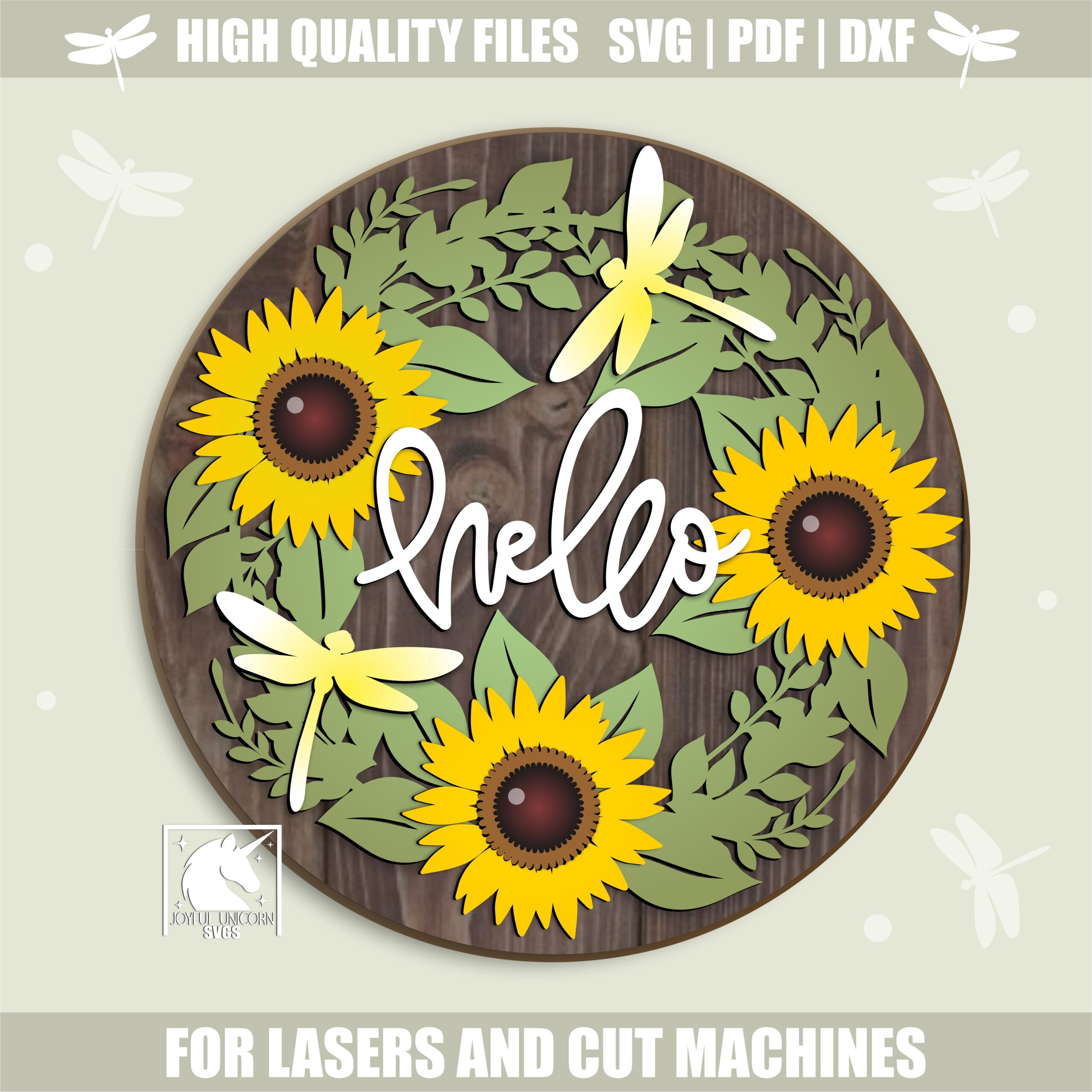 Summer Wreath Hello Sign SVG, Sunflower Wreath with Dragonfly SVG, Round Door Hanger, Floral Porch Decor, Laser Cut File for Glowforge, CNC