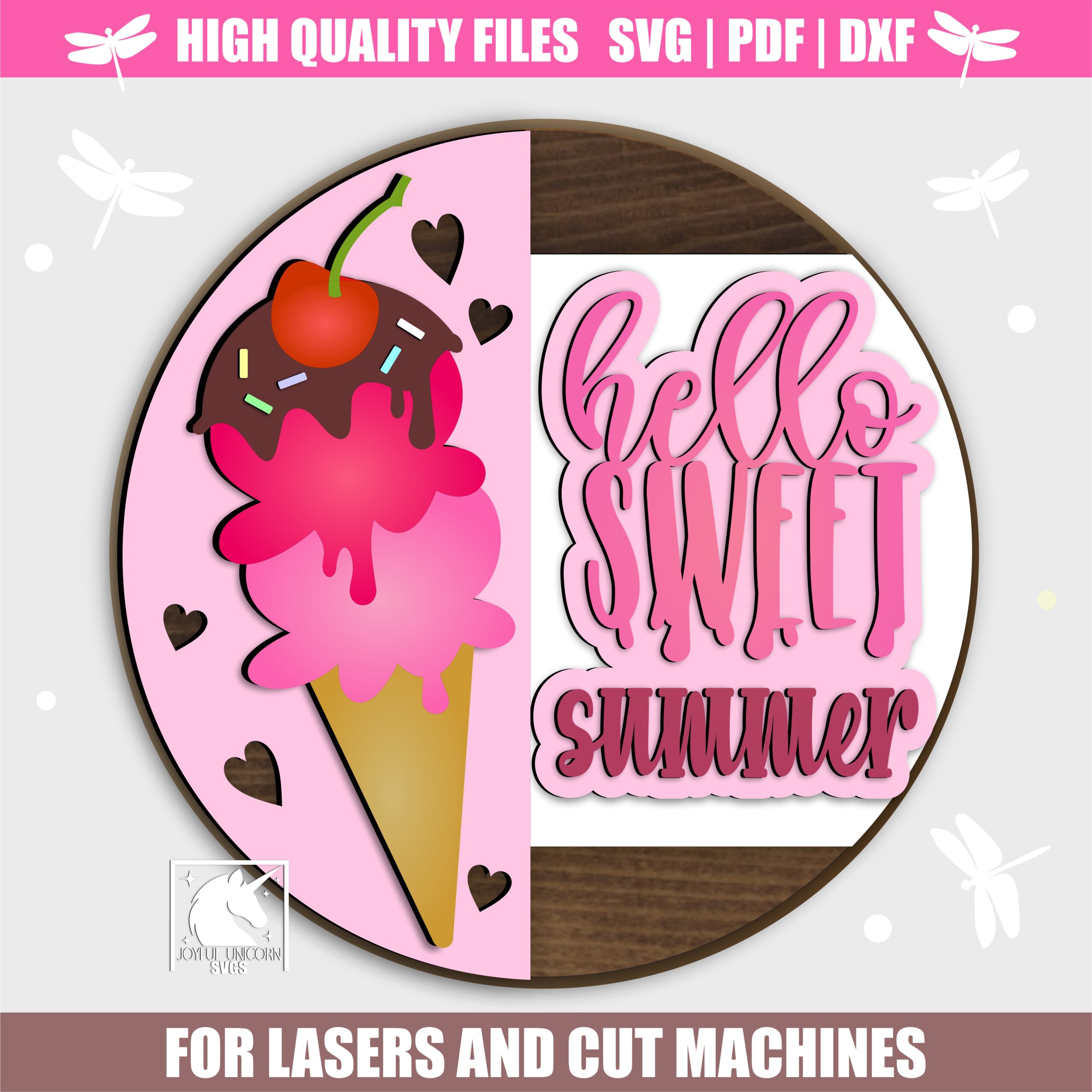 Hello Sweet Summer Round Sign SVG, Dripping Ice Cream Cone Door Hanger SVG, Summer Laser Cut Door Sign, Glowforge, Cricut, Xtool File