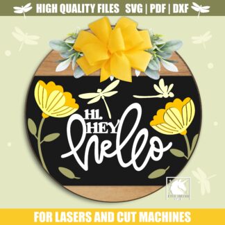 Hi Hey Hello Door Hanger SVG, Floral Laser Cut File, Spring Round Sign Design, Glowforge SVG, Xtool, Farmhouse Home Decor