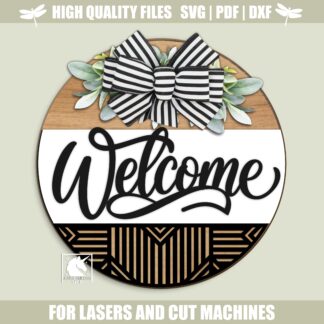 Welcome Door Hanger SVG, Geometric Laser Cut File, Round Door Sign Design, Glowforge SVG, Xtool, Farmhouse Welcome Decor