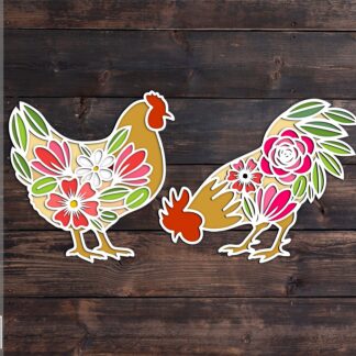 3D Floral Laser Cut Chicken SVG, Layered Floral Hen, Rooster with Flowers Decor, Digital Download, Farmhouse Home Sign, Glowforge, CNC File