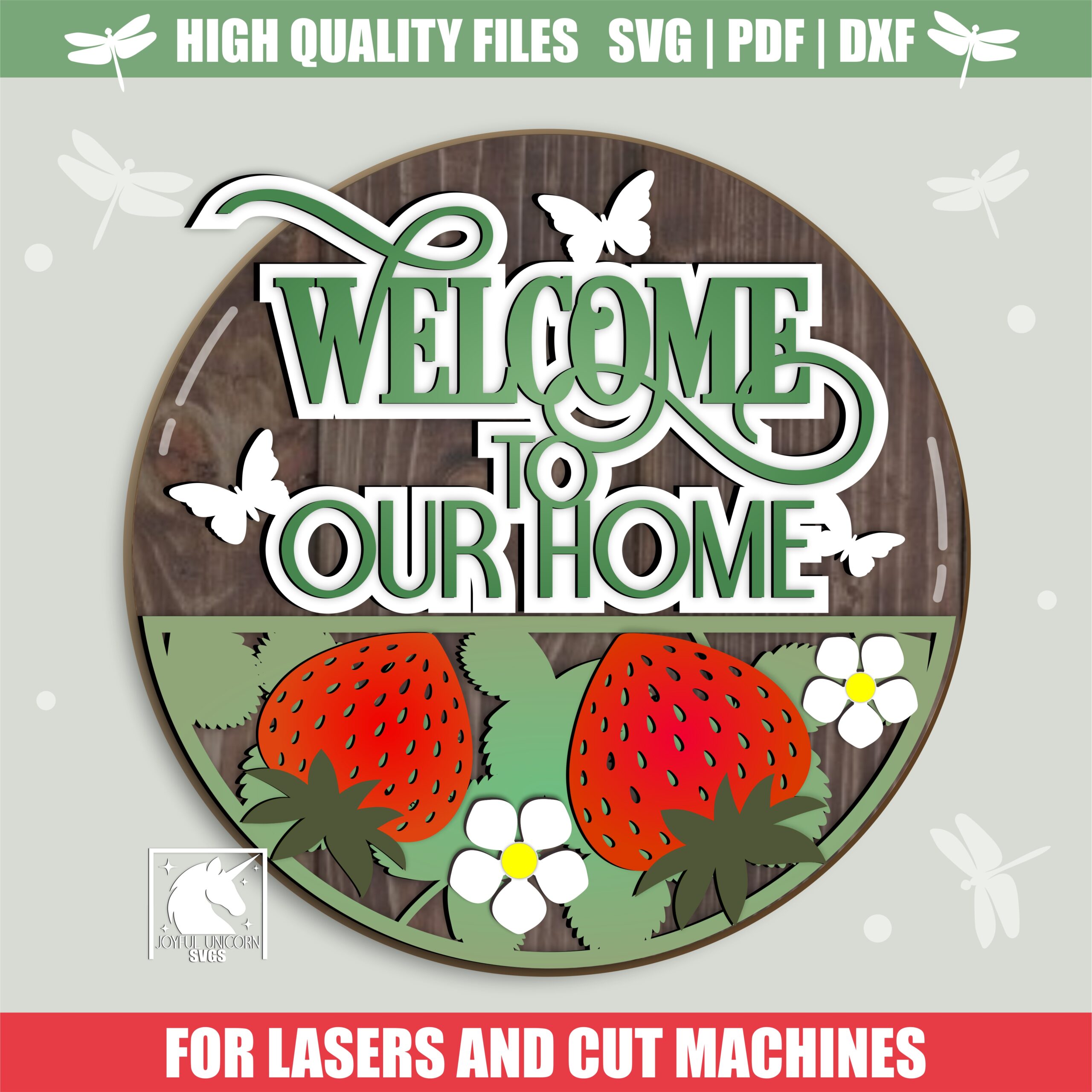 Welcome to Our Home Stawberry Sign, Summer Front Door Decor, Layered Round Sign Laser Cut File, Glowforge, CNC File, Digital Download