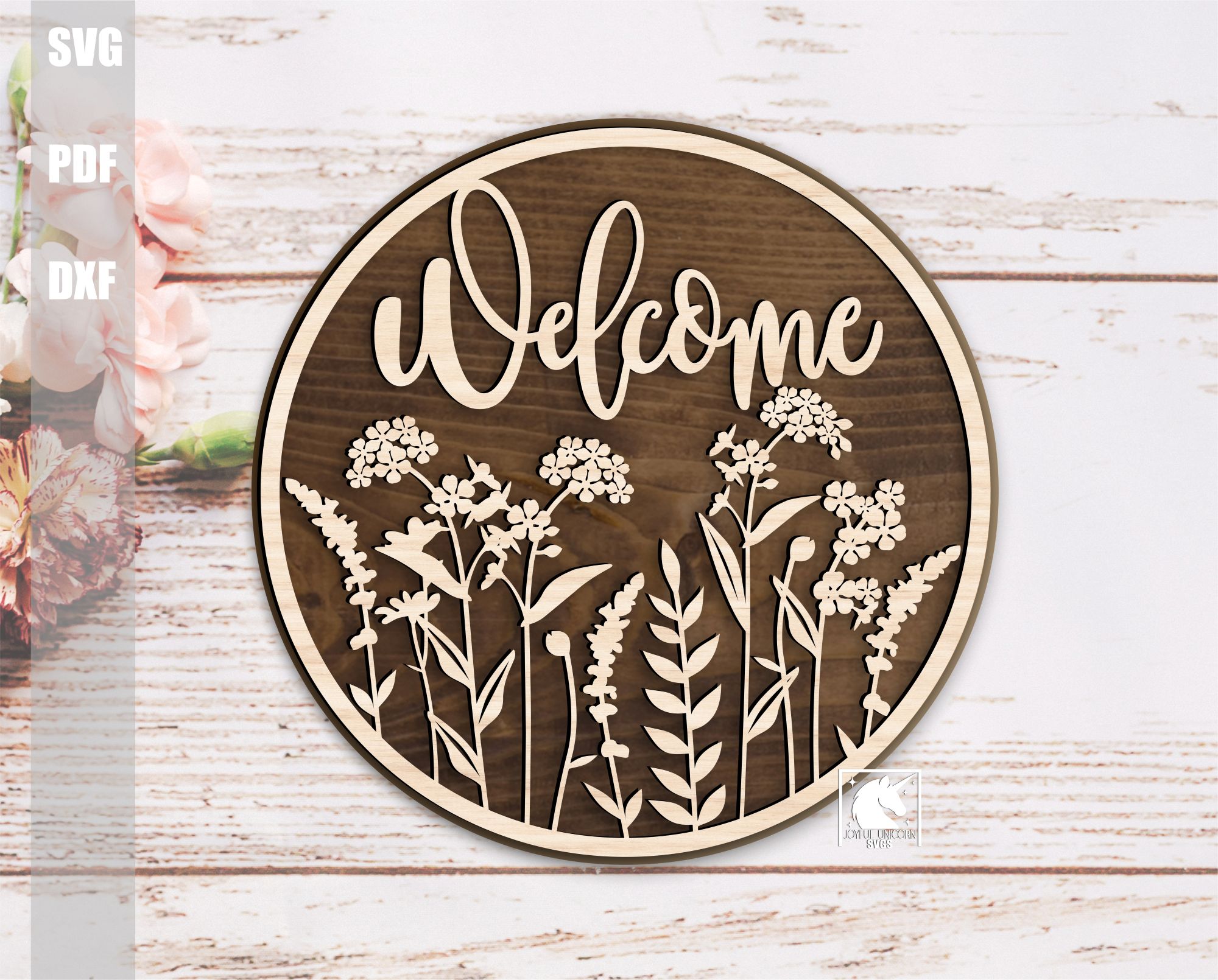 Wildflower Welcome Sign Bundle SVG, Floral Door Hanger, Flower Round Sign, Digital Download, Glowforge Laser File, Cricut File - Image 3