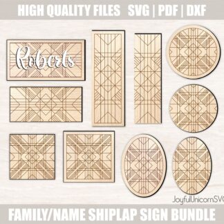 Geometric shiplap family name sign bundle with multiple shapes including round, square, and rectangular laser cut wood designs for home decor.