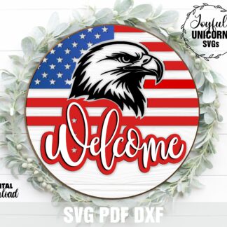 Patriotic eagle welcome SVG with American flag background, round 4th of July door hanger design for Cricut and laser cutting