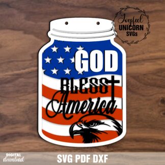 God Bless America patriotic mason jar SVG with eagle cross and American flag for laser cut door hanger design
