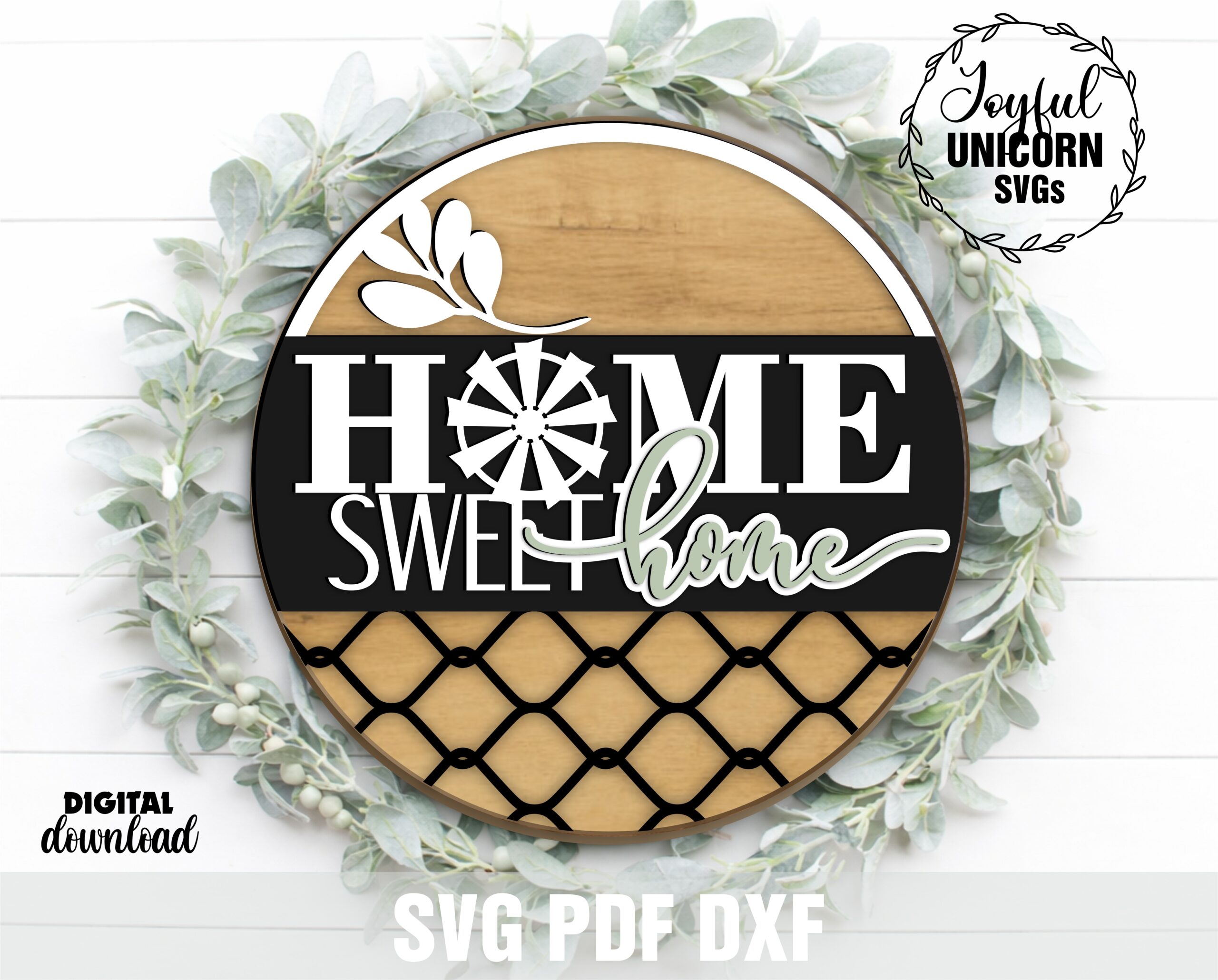 Home Sweet Home Windmill Round Door Sign SVG — multi-layer farmhouse laser cut file with windmill, lattice pattern and script text, digital download SVG PDF DXF for Glowforge and xTool