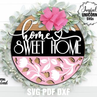 Home Sweet Home Floral Round Door Sign SVG — multi-layer feminine laser cut file with tulip vine pattern and script text, digital download SVG PDF DXF for Glowforge and xTool
