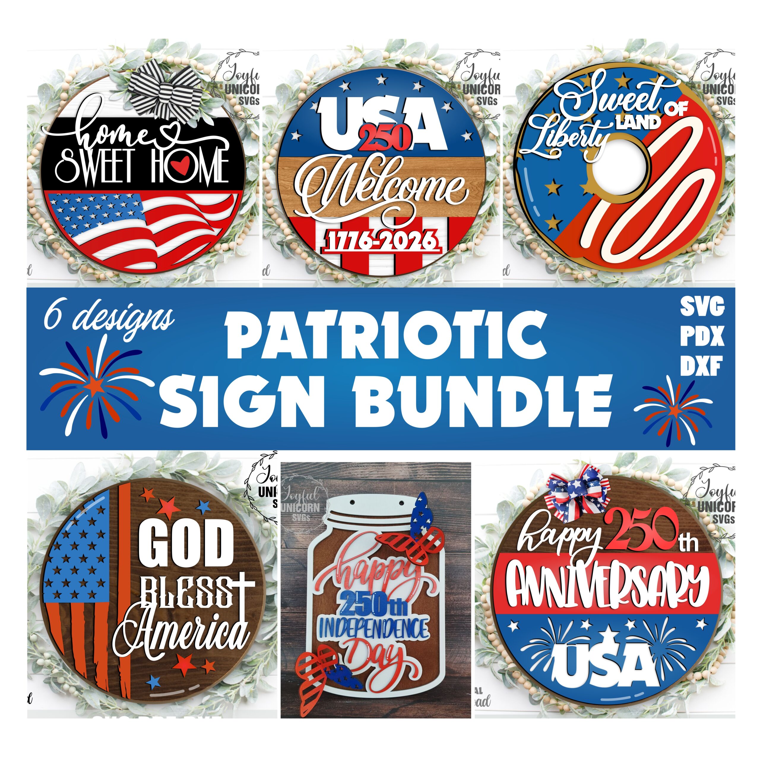 Patriotic laser cut SVG bundle with 6 round wood sign designs for 4th of July and USA 250th Anniversary, digital download SVG PDF DXF