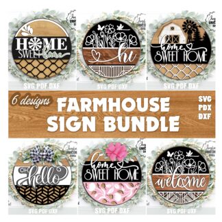 Farmhouse Sign Bundle SVG — 6 multi-layer round door hanger laser cut files including Welcome, Hi Wildflower, Home Sweet Home Barn, Oh Hello and Floral designs, digital download SVG PDF DXF for Glowforge and xTool